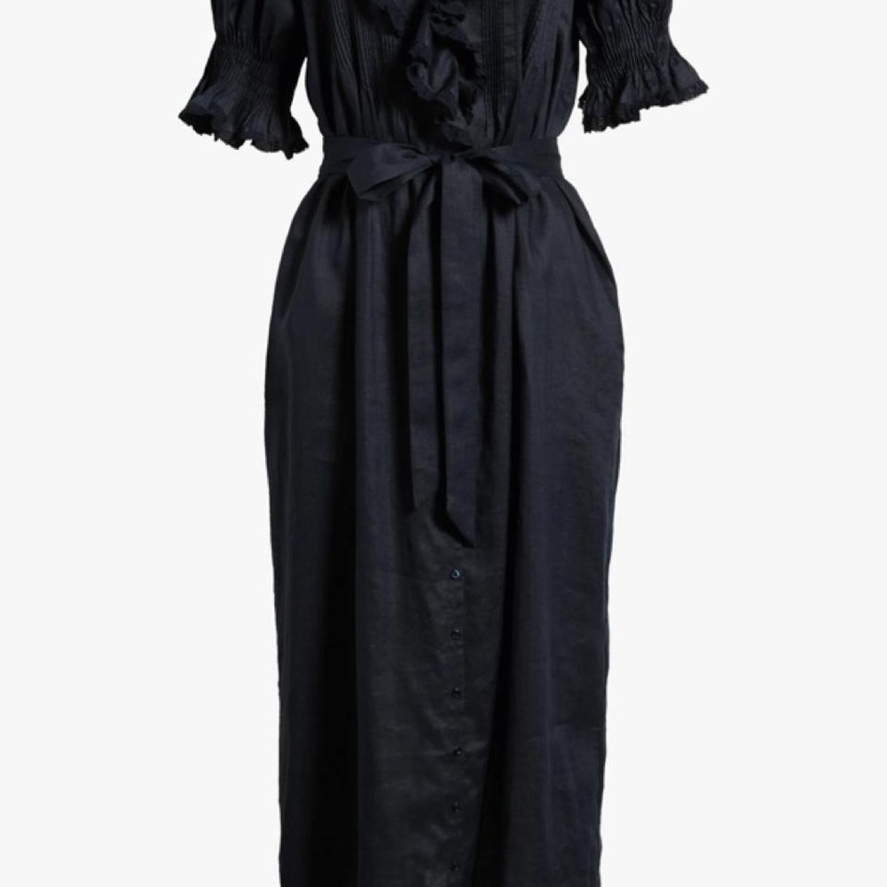 DOEN Harriette Cottagecore Coquette black maxi dress with ruffle and tie waist